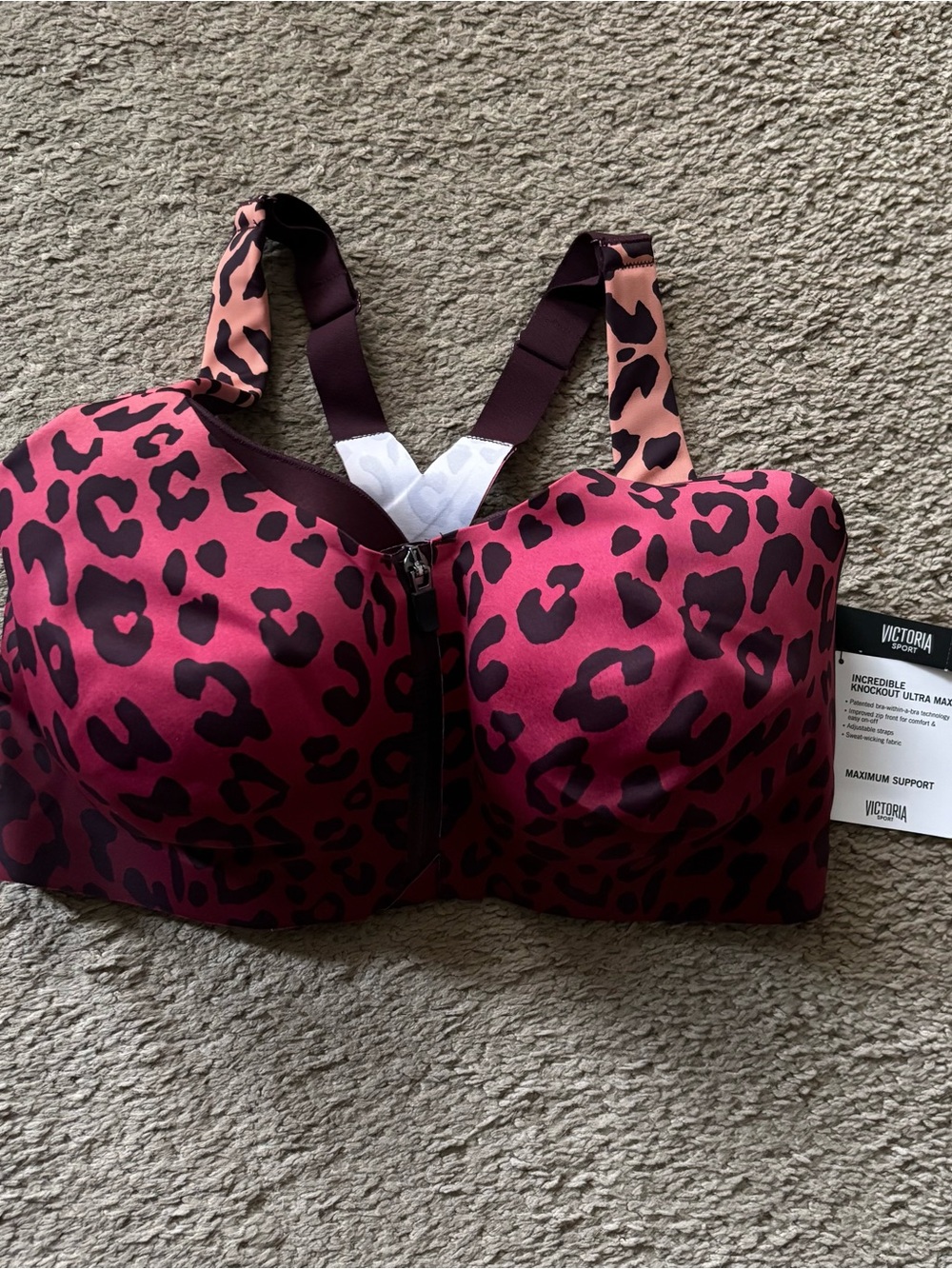 Victoria Sport Zip-Front High Support Leopard Sports Bra - Pink
